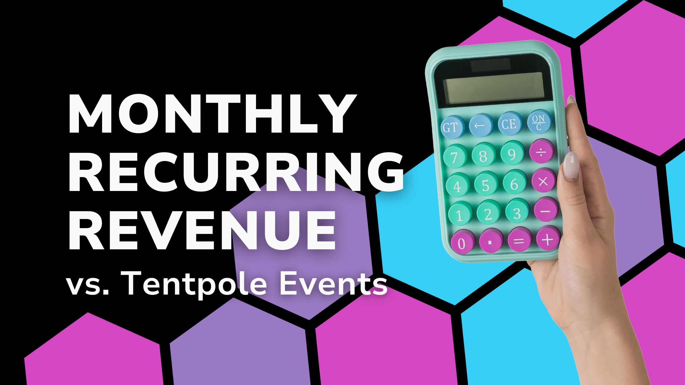 Hand holding a colorful calculator against a hexagonal background, symbolizing the comparison between monthly recurring revenue and traditional PTA fundraising events.
