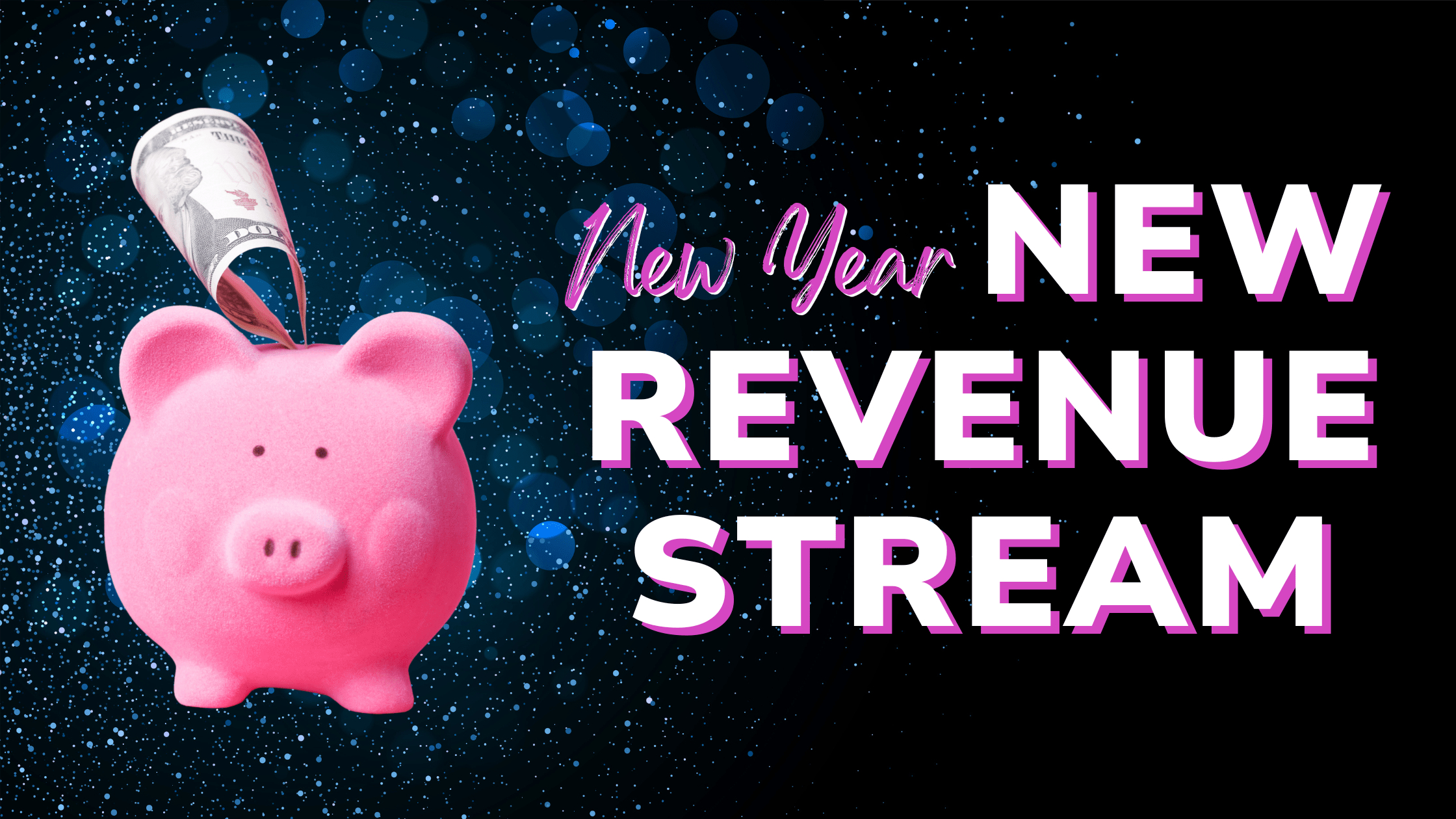 A pink piggy bank with a $100 bill inserted into the slot against a festive dark blue background, symbolizing passive income for schools with Trillage.