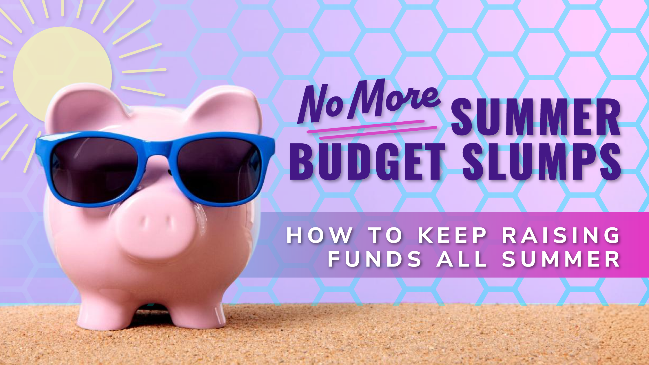 Pink piggy bank wearing blue sunglasses on a sandy beach, symbolizing summer fundraising success with Trillage.