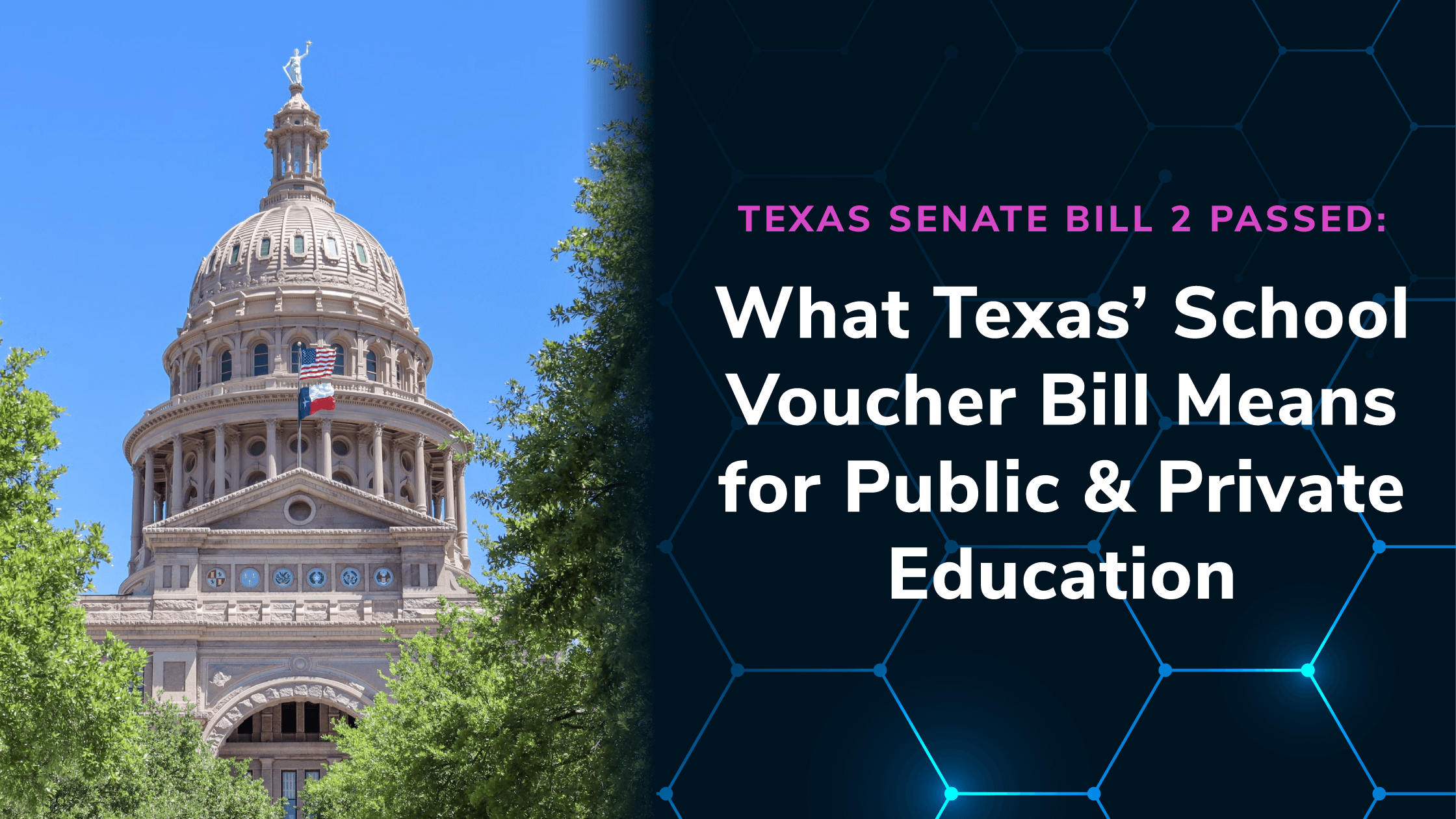 Texas State Capitol building against a clear blue sky, symbolizing the passage of Senate Bill 2 and its impact on public and private school funding.